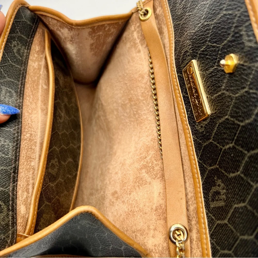 Dior Honeycomb Coated Canvas Chain Shoulder Bag in Black with Tan Leather Trim